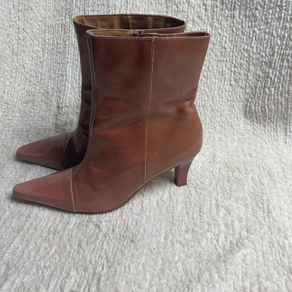 Sandra leather glossy mix of pink & Brown Ankle heels Boots Side zipper SZ 7.5M